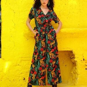 America & Beyond Jaguar Paradise Black Animal Print Jumpsuit